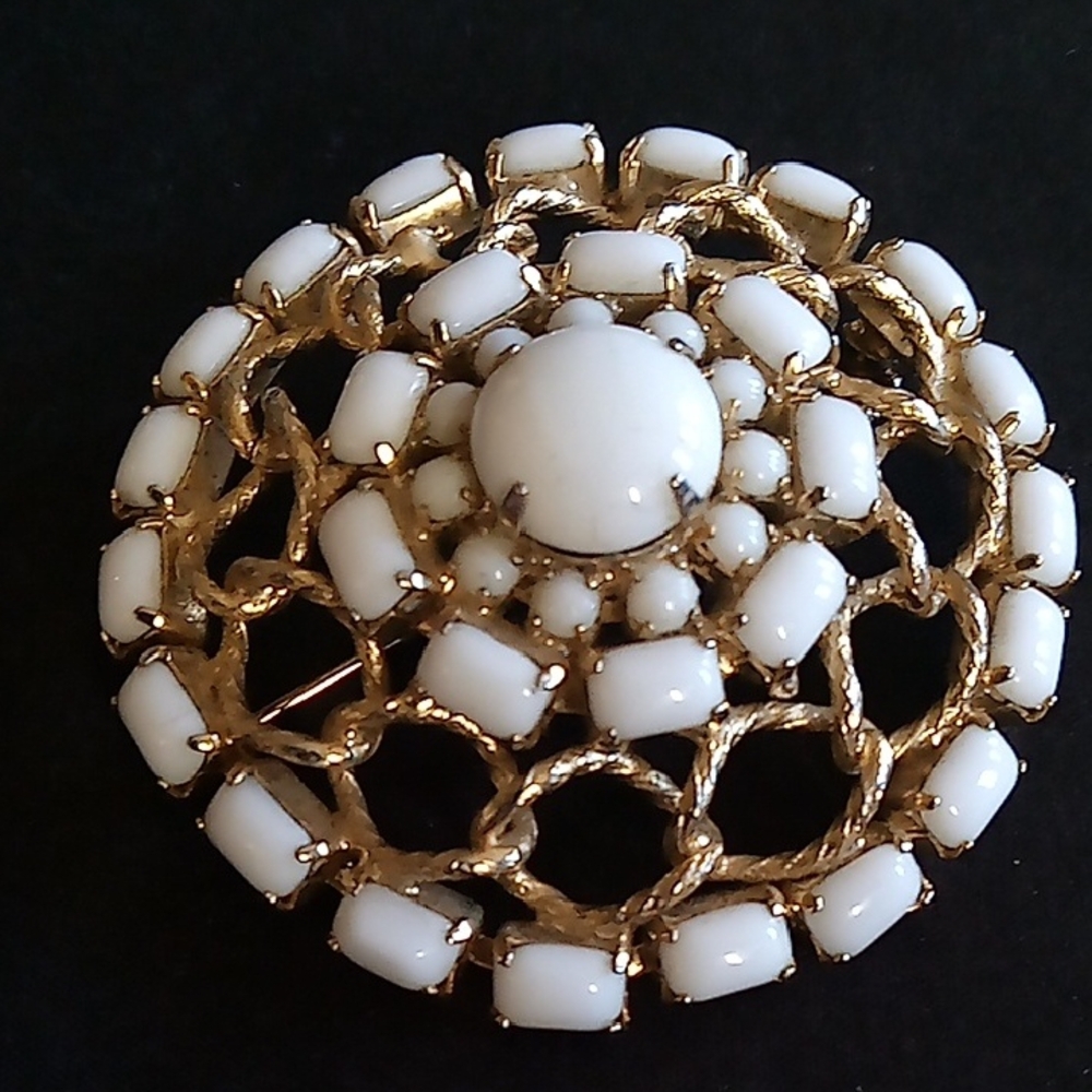Elegant Gold and White Brooch ( Likely Milk Glass To Be Honest Unsure.)